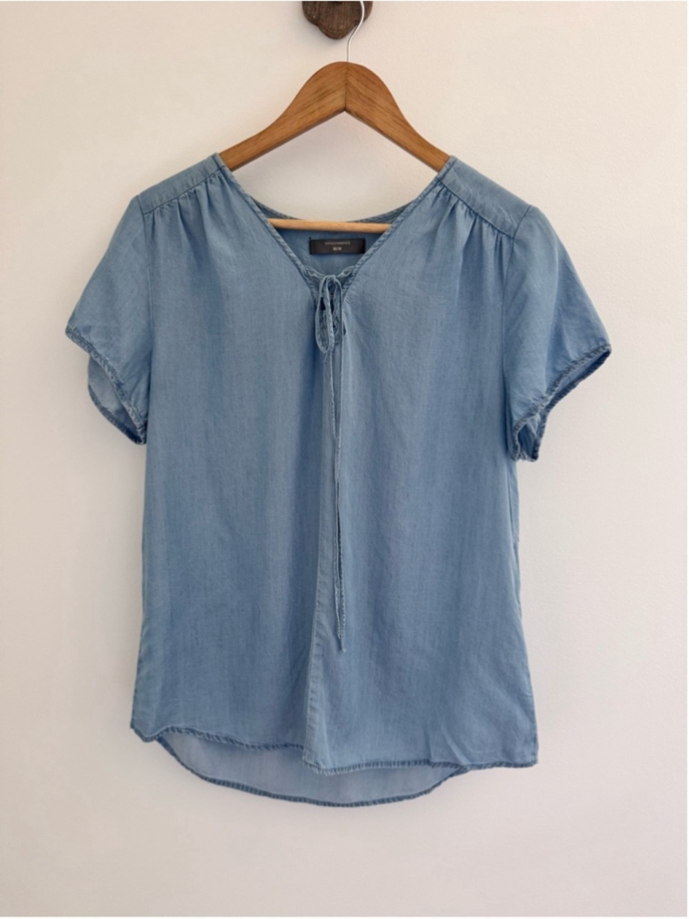 Soft Chambray Tie Neck Blouse Blue Minimalist Summer Top